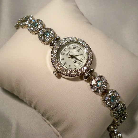 NEW Alfi Blue Cubic Zirconias 925 Silver Swiss Move Watch - Picture 3 of 6